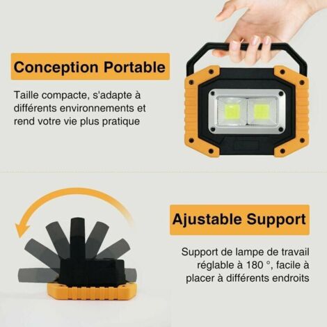 Projecteur LED Rechargeable 30W 2000LM Projecteur Chantier Lumière de Travail avec  COB Portable Projecteur LED USB pour Camping,3 Modes,batterie contient (1 pièce)