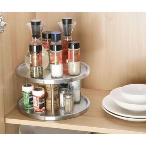 Plateau tournant, 2 tablettes de rangement rotatives, Aménagement intérieur des placards, Acier inoxydable brossé, 26.5x16x26.5 cm