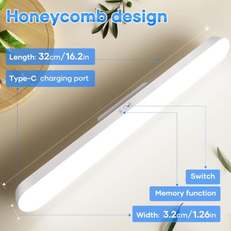 Lampe LED rechargeable 1800mAh 32cm,Reglette Cuisine Sans Fil， avec capteur mémoire,aimant et réglage de la lumière.Rechargeable par USB. Lampe idéales pour chambre,meuble, cuisine et salle de bain.