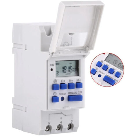 Minuterie programmable hebdomadaire 220V – Afficheur LCD – 16 ON/OFF – Rail DIN – Précision 1 min – Capacité 25A – Programmation jusqu'à 168h – Devenirriche