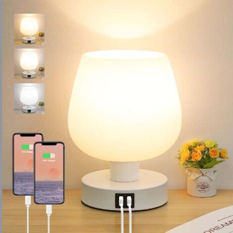 Lampe de Chevet Tactile, Lampe de Bureau avec Ports de Charge USB-A+C, Intensité Variable 3 Voies, Abat-jour en Verre Blanc, Petite Lampe de Table à Cordon pour Chambre Salon D'enfant