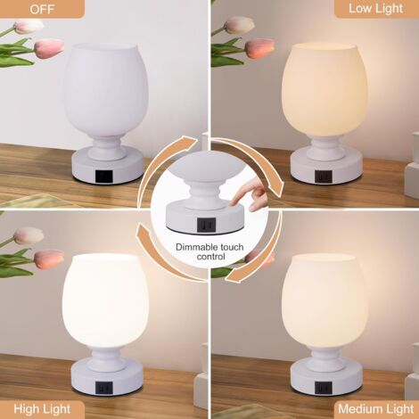 Lampe de Chevet Tactile, Lampe de Bureau avec Ports de Charge USB-A+C, Intensité Variable 3 Voies, Abat-jour en Verre Blanc, Petite Lampe de Table à Cordon pour Chambre Salon D'enfant