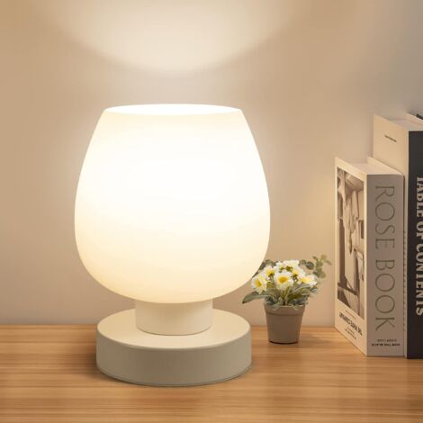 Lampe de Chevet Tactile, Lampe de Bureau avec Ports de Charge USB-A+C, Intensité Variable 3 Voies, Abat-jour en Verre Blanc, Petite Lampe de Table à Cordon pour Chambre Salon D'enfant