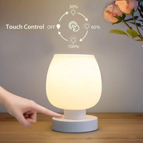 Lampe de Chevet Tactile, Lampe de Bureau avec Ports de Charge USB-A+C, Intensité Variable 3 Voies, Abat-jour en Verre Blanc, Petite Lampe de Table à Cordon pour Chambre Salon D'enfant