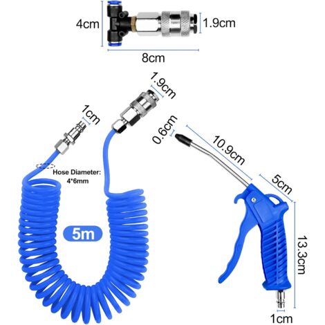 Soufflette à Air Comprimé, Pistolet de Soufflage d'air avec Tuyau Air Comprimé de 5 Mètres, Kit de Nettoyage de Pistolet à Air, avec Connecteur en T, pour Camion, Fourgonnette, Camion Lourd