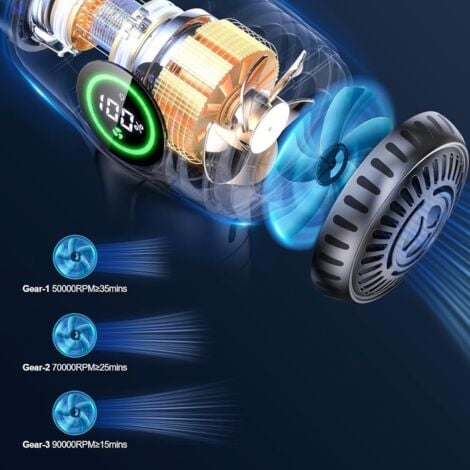 Aspirateur à Main sans Fil,3 in 1 Aspirateur Voiture avec 90000 RPM, Affichage LED et 5 Buses Commutables pour Nettoyage PC, Clavier, Voiture,la Voiture, le Bureau et la Maison