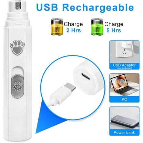 Lime à Ongles Électrique pour Chat et Chien, 2 Vitesses, Lime à Ongles Rechargeable pour Chien Silencieuse, 45dB, 3 Ports Convient aux Chiens/Chats de Grande, Moyenne et Petite Taille（Blanc）