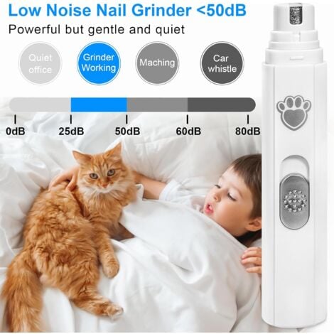 Lime à Ongles Électrique pour Chat et Chien, 2 Vitesses, Lime à Ongles Rechargeable pour Chien Silencieuse, 45dB, 3 Ports Convient aux Chiens/Chats de Grande, Moyenne et Petite Taille（Blanc）