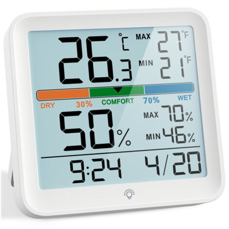 Longziming – Thermomètre hygromètre numérique – Moniteur de température et d'humidité – Grand écran LCD rétroéclairé – Enregistrements max/min – Pour intérieur