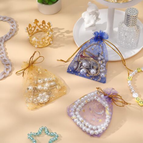 100 Sacs En Organza 9x12cm Mélangés - Pochettes Cadeaux Avec Étoiles Et Lune, Ruban Or Pour Bijoux Et Mariage