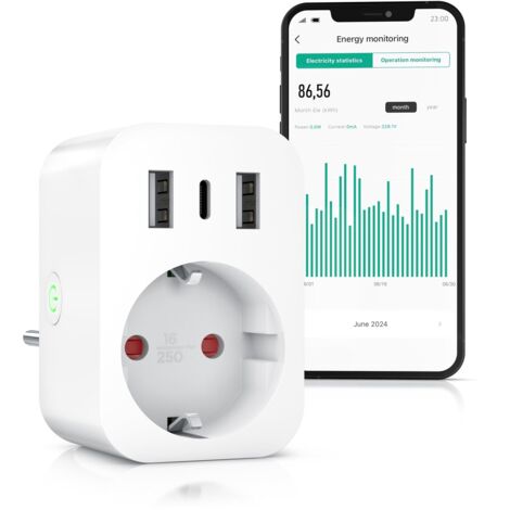 Longziming – Prise intelligente Wi-Fi avec 3 ports USB – Télécommande via application Smart Life – Contrôle vocal Alexa Google Home – Mesure de consommation d'énergie
