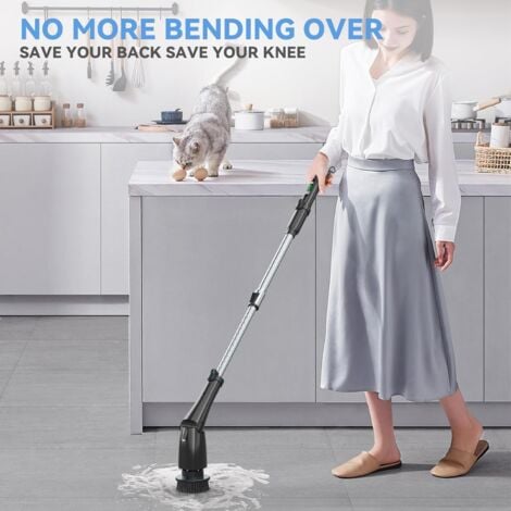 Brosse de nettoyage électrique sans fil avec 8 têtes de brosse de nettoyage, 3 vitesses, 160 minutes de temps de travail, bras d'extension réglable, brosse de nettoyage électrique (noir)