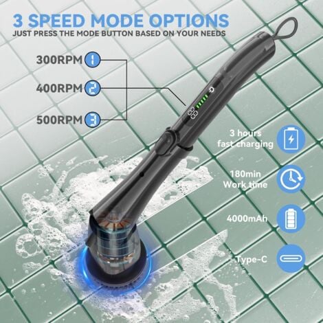 Brosse de nettoyage électrique sans fil avec 8 têtes de brosse de nettoyage, 3 vitesses, 160 minutes de temps de travail, bras d'extension réglable, brosse de nettoyage électrique (noir)