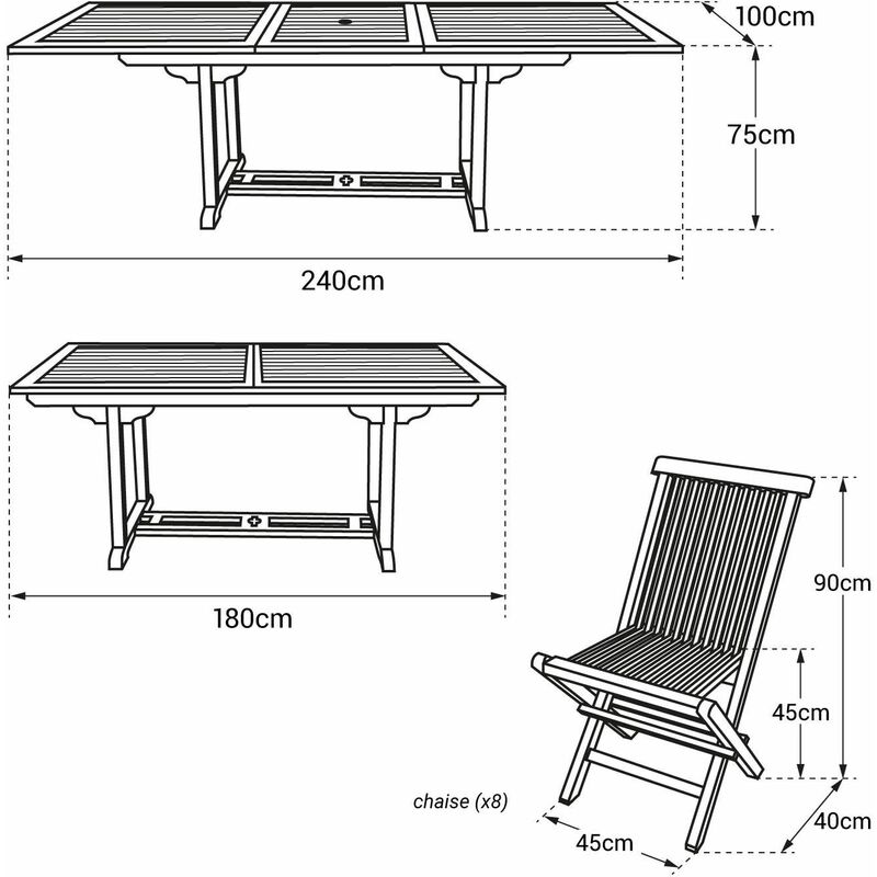 SALENTO - SET TAVOLO E SEDIE DA GIARDINO IN TEAK - TAVOLO RETTANGOLARE  ALLUNGABILE E SEDIE PIEGHEVOLI - Set Sei Sedie e Un Tavolo da Esterno - 6  Persone