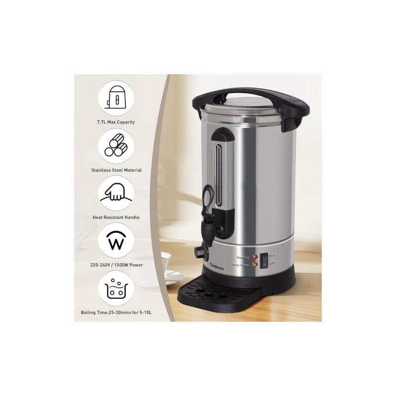 Todeco Distributeur De Boissons Chaudes 7,7L, 1500W, Chaud En Inox Avec Bac Recuperateur Robinet Thermostat Reglage De La Temperature 30 110 C 68515fee9f57041bc8b7628c