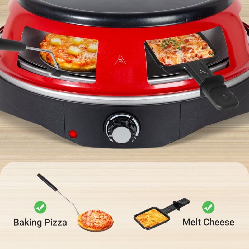 Todeco Four à pizza électrique 3 en 1, 1200W, avec 6 mini pelles à pizza, 6 Poêle à fromage, Plat de cuisson amovible, pour mini pizza de ⌀ 10 cm, griller et crêpes, pour 6 personnes