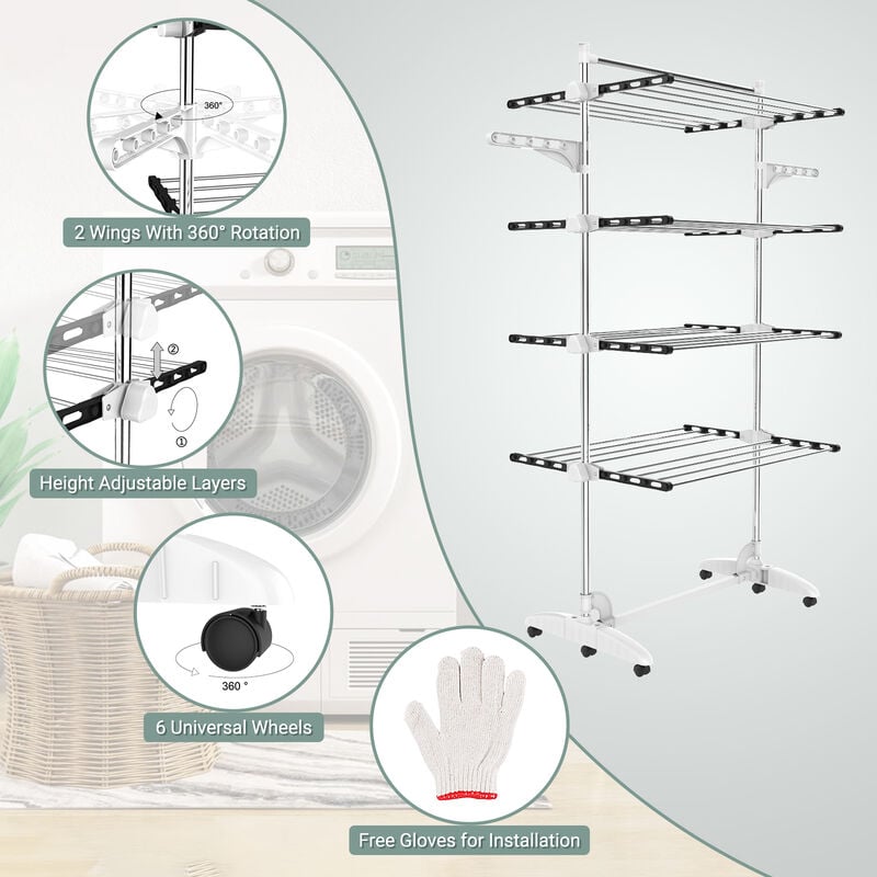 Etendoir à Linge, Etendage à Linge, 4 étagères, Noir/Blanc, avec ailes,  Matériau: Tubes en acier inoxydable