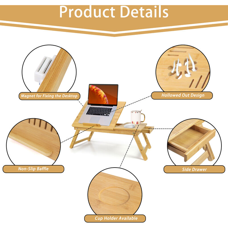 Bambou Table Portable pour Ordinateur, Plateau de Lit Pliable, Bureau  réglable avec Trous d'aération, Marqueune Table Portable pour Ordinateur