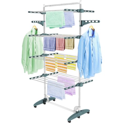 Séchoir à Linge Pliant à 4 Niveaux, Etendoir à Linge intérieur en Acier Inoxydable, Sèche-Linge 2tendoir Pliable avec Barre Supérieure, Ailes réglables en Hauteur pour Terrasse Jardin, Sarcelle (1/5)