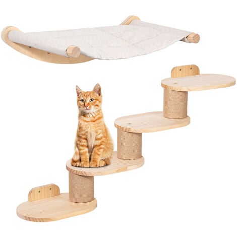 Mur d'escalade pour chat mural avec escalier pour chat et hamac pour chat, mur d'escalade à quatre niveaux avec rayures en jute pour chats et tapis antidérapant, échelle 2 en 1 pour chat