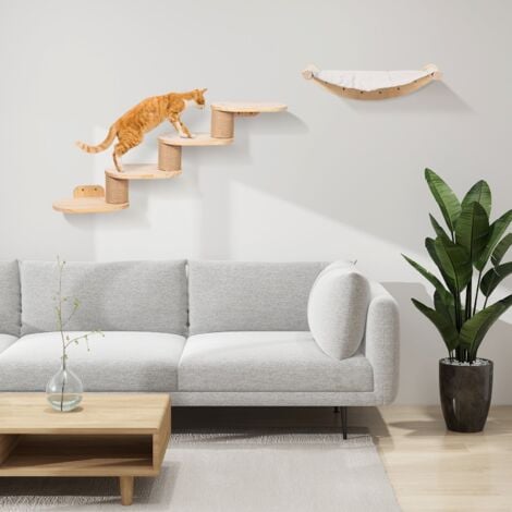 Mur d'escalade pour chat mural avec escalier pour chat et hamac pour chat, mur d'escalade à quatre niveaux avec rayures en jute pour chats et tapis antidérapant, échelle 2 en 1 pour chat