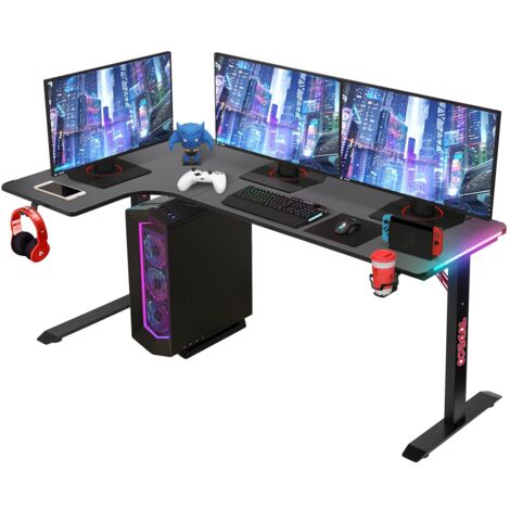 Todeco – Bureau d'angle gaming LED 160 x 100cm – Surface en fibre de carbone résistante – Support casque et porte-gobelet – Éclairage RVB ajustable