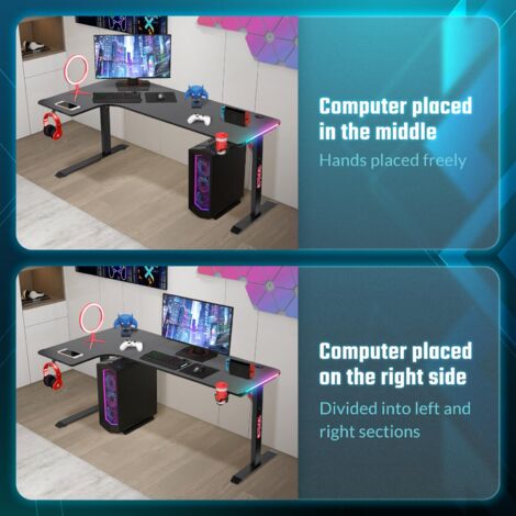 Todeco Bureau Gaming LED 140x60 Cm – Plateau Fibre De Carbone, Tapis Souris XXL, Porte-Gobelet, Support Casque, Éclairage RGB