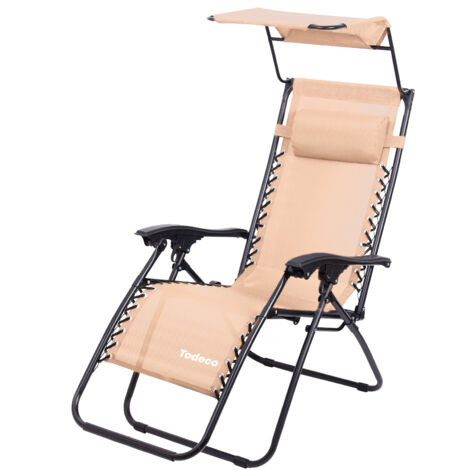 Todeco Chaise Longue Transat Jardin Plein Air, Transat de Plage Pliable avec Pare Soleil, Bain de Soleil avec Repose-tête, daccoudoirs Réglables, Camping en Respirantes Textilène, Kaki (1/5)