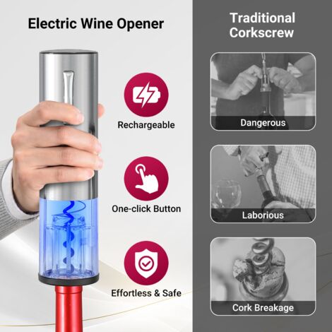 Tire-bouchon électrique en métal et rubber permettant d’ouvrir une bouteille de vin en 8 secondes environ sans effort., Fonctionne grâce à une batterie intégrée qui se recharge via sa prise USB-C., Ce Tire-bouchon électrique en métal et rubber permettant d’ouvrir une bouteille de vin en 8 secondes environ sans effort., Fonctionne grâce à une batterie intégrée qui se recharge via sa prise USB-C., Ce