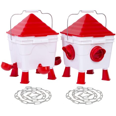Todeco – Ensemble mangeoire et abreuvoir pour poules 6kg et 8L – 4 ports avec capuchons anti-perchoir – Pieds réglables avec chaînes en acier (1/5)