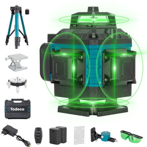 Todeco – Niveau laser 4 x 360° 4D avec projection laser vert 515nm – 16 lignes auto-nivelant – 2 batteries 3000mAh – Étanche et anti-poussière (1/5)