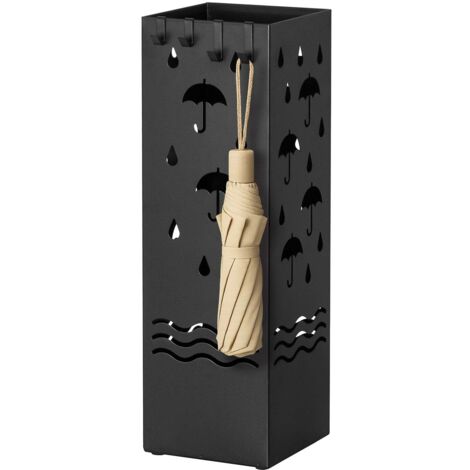 Porte Parapluie en Métal, Porteparapluies avec 4 Crochets et Bac d'égouttement Amovible, motifs décoratif ajourés, Base Antidérapante, pour Entrée Maison, Bureau, Hôtel, Noir