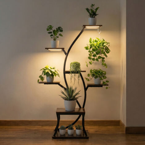 Todeco Support pour plantes avec lumière de croissance, 7 niveaux, 115cm En métal et bois, Étagère à plantes en forme d'arbre (1/5)