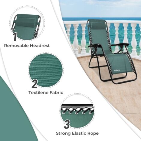 Chaise Longue Inclinable, Transat en Textilène de Jardin, 165 x 112 x 65 cm, Vert, Textilène, Pack de 2, Avec coussin, Charge maximale: 100 kg