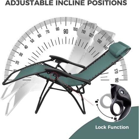 Chaise Longue Inclinable, Transat en Textilène de Jardin, 165 x 112 x 65 cm, Vert, Textilène, Pack de 2, Avec coussin, Charge maximale: 100 kg