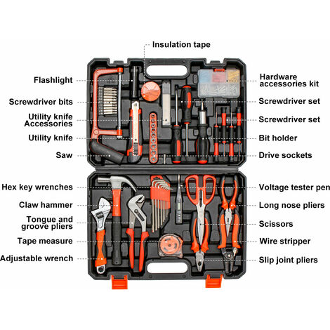 Valise de bricolage, malette à outils, avec une mallette noire, 114 outils,  matériau: acier, plastique 3700778721202 - Conforama