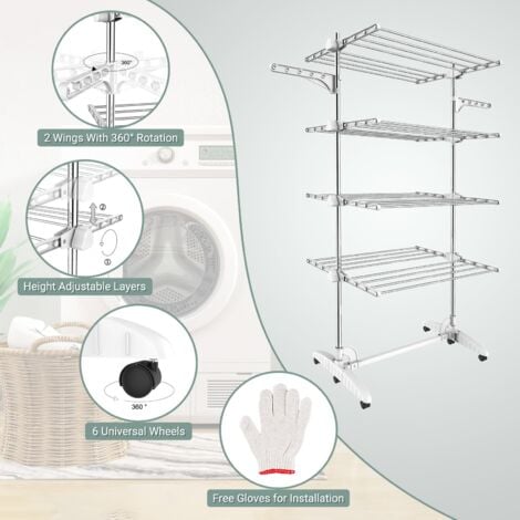 Etendoir à Linge, Etendage à Linge, 4 étagères, Blanc, avec ailes, Matériau: Tubes en acier inoxydable