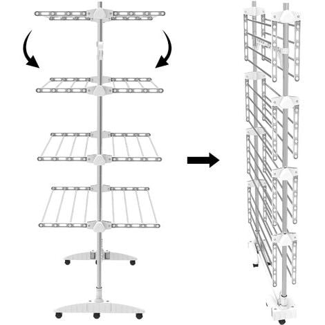 Etendoir à Linge, Etendage à Linge, 4 étagères, Blanc, avec ailes, Matériau: Tubes en acier inoxydable