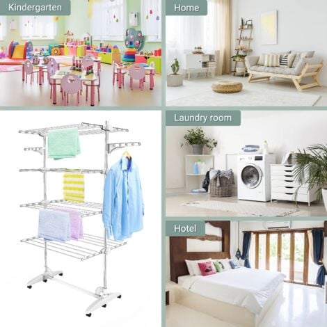 Etendoir à Linge, Etendage à Linge, 4 étagères, Blanc, avec ailes, Matériau: Tubes en acier inoxydable