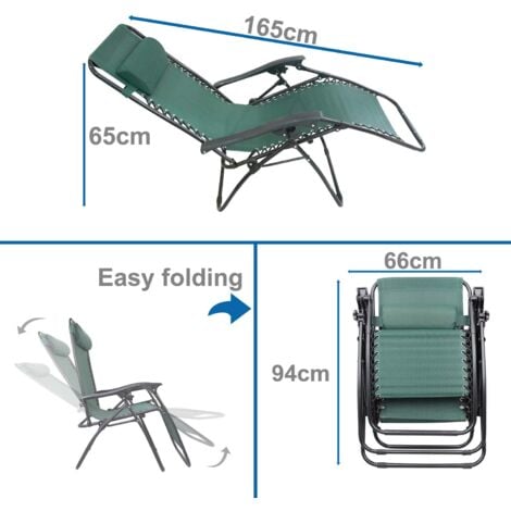 Chaise Longue Inclinable, Transat en Textilène de Jardin, 165 x 112 x 65 cm, Vert, Avec coussin, Textilène, Charge maximale: 100 kg