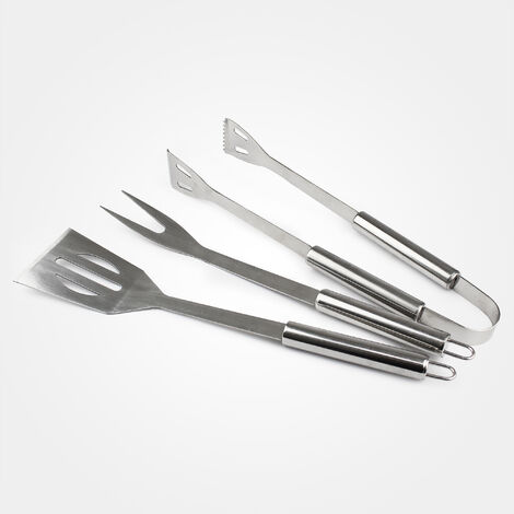 Kit 4 Ustensiles Barbecue En Acier Inox Et Bois - Fourchette, Spatule, Pince Et Coupe-légumes Pour Grillades Et Camping
