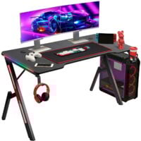 Bureau Gaming RGB 140 x 60cm, Grande Bureau Gamer avec Un Plateau en Fibre de Carbone, Ergonomic Bureau avec Tapis de Souris, Porte-gobelet et Crochet pour Casque
