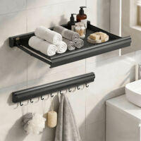 Todeco Sechoir Linge Mural Rétractable avec Étagère Filet & 8 Crochets, Etagere Salle De Bain, Étendoir à Linge Design Pliable