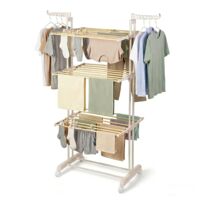 Todeco – Étendoir à linge intérieur 3 niveaux – Tubes effet bois – Ailes pivotantes – Châssis ivoire latte – Capacité pour vêtements et linge de lit