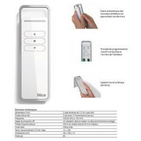 Nice – Télécommande émetteur portable 433.92 MHz – Contrôle jusqu'à 6 groupes d'automatismes – Portée 200 m – Fonction d'auto-apprentissage