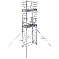 Tubesca Comabi – Échafaudage roulant aluminium 5,85m – Système Ergoblock breveté – Plancher alu/bois avec trappe d'accès – Roues réglables Ø200mm