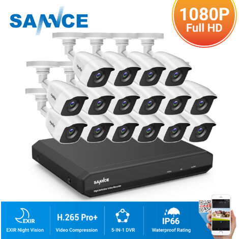 SANNCE Sistema de seguridad de video en el hogar 1080P 5-en-1 DVR 1080P con cámaras blancas de 16  Bullet – sin disco duro