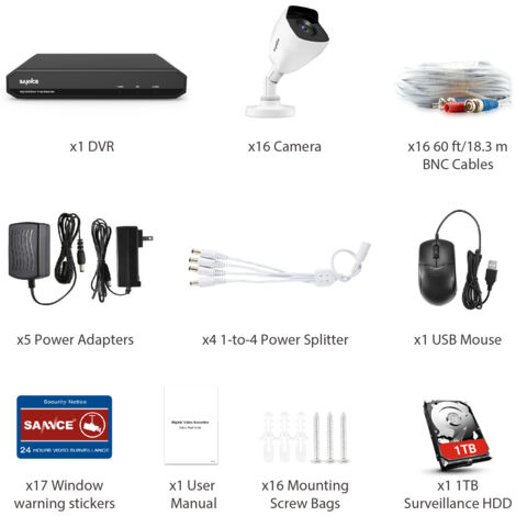 SANNCE Sistema de seguridad de video en el hogar 1080P 5-en-1 DVR 1080P con cámaras blancas de 16  Bullet – sin disco duro