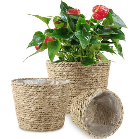 Plant basket 3-piece seagrass basket Hand-woven flower basket with waterproof plastic lining plant pot container lid storage storage basket Indoor and outdoor plant pots