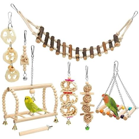 Bird Toys 8 Pieces with Chew Toys and Perched Swings for Bird Cage - Ideal for aviary decoration and Bell Toys for Parrots, Parakeets, Little Macaws